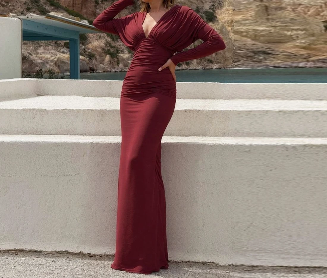 2025 Vestido sexy plisado con cuello en V y cintura ajustada para mujer