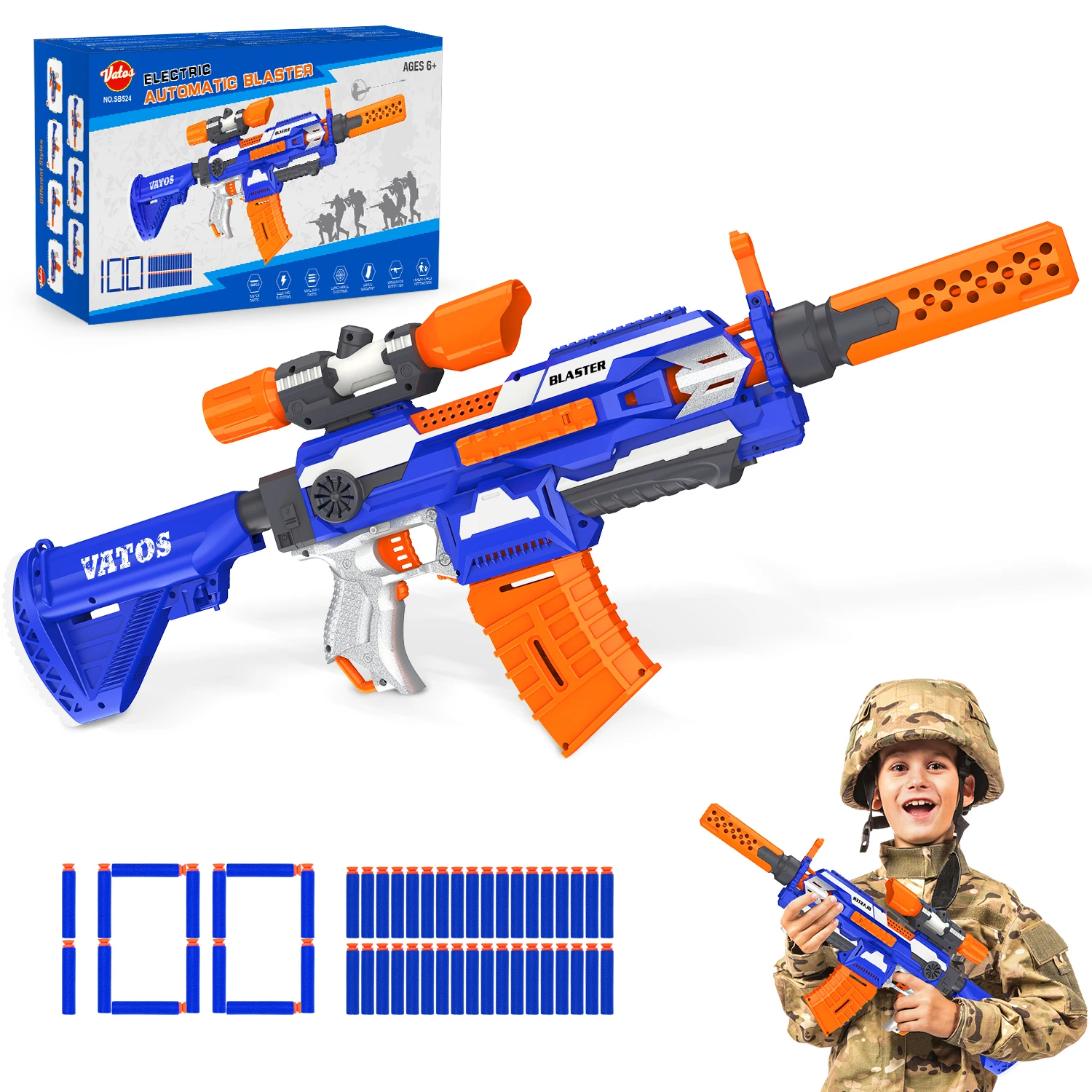 VATOS Auto Machine Gun Electric Sniper With Scope For Boys Girls 100Pcs Foam Blaster Darts Shooting Game For Kids