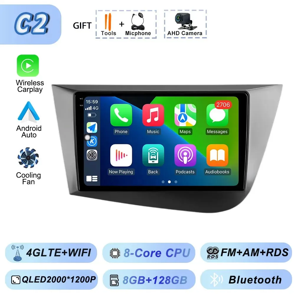 Draadloze Carplay Android 15 voor Seat Leon 2 2005-2012 Multimedia Video Player Wifi Autoradio Navigatie GPS Stereo Android auto