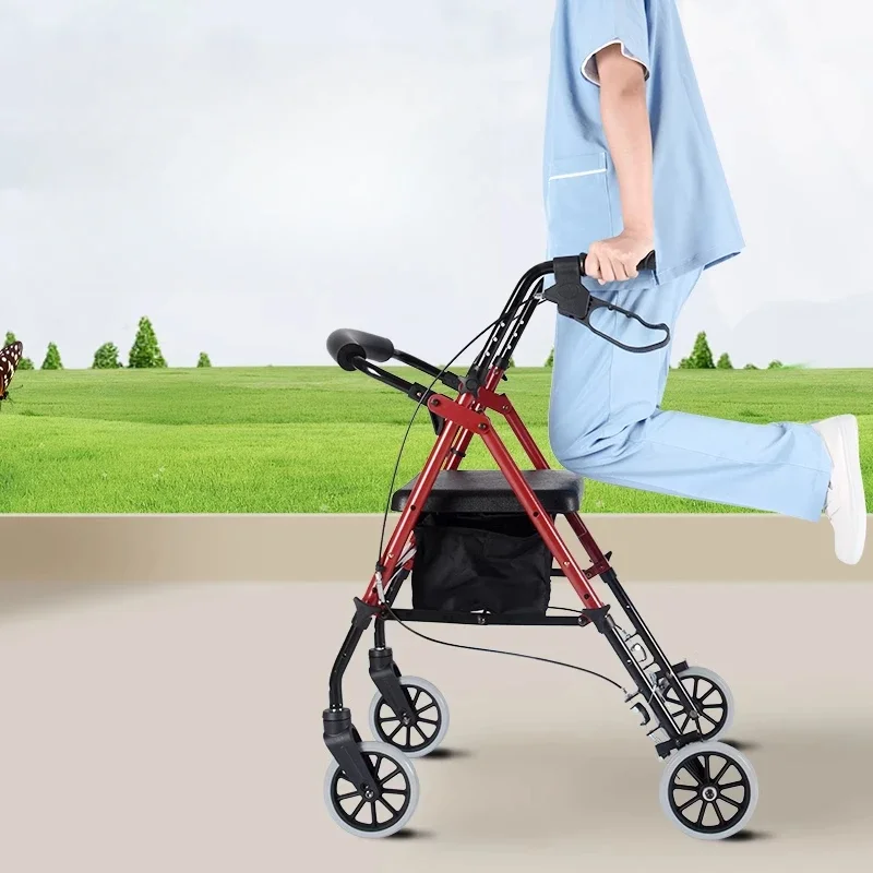 Walking Aid for The Elderly, Safe and Seatable Walker, Adjustable Height Assisted Mobility Scooter, One-Touch Folding Trolley