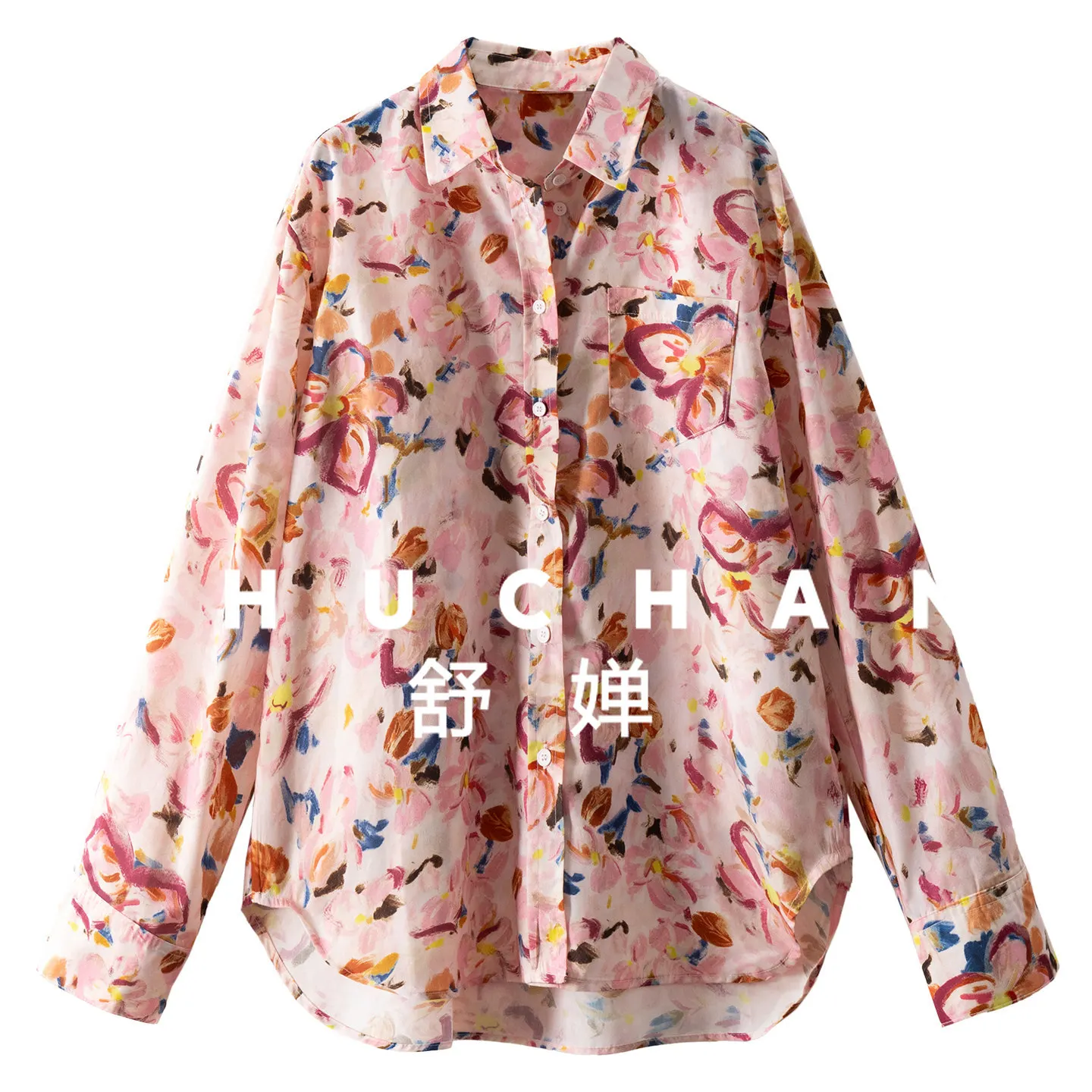 

Oil Painting Texture, French Retro Pastoral Printing Loose and Thin Arc Pendulum Shirt Women's 84I3