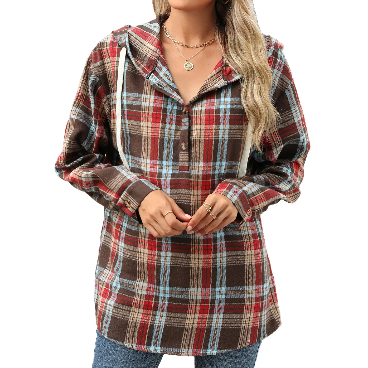 New Loose Long Sleeved Hooded Button Checkered Jacket Hoodie for Women