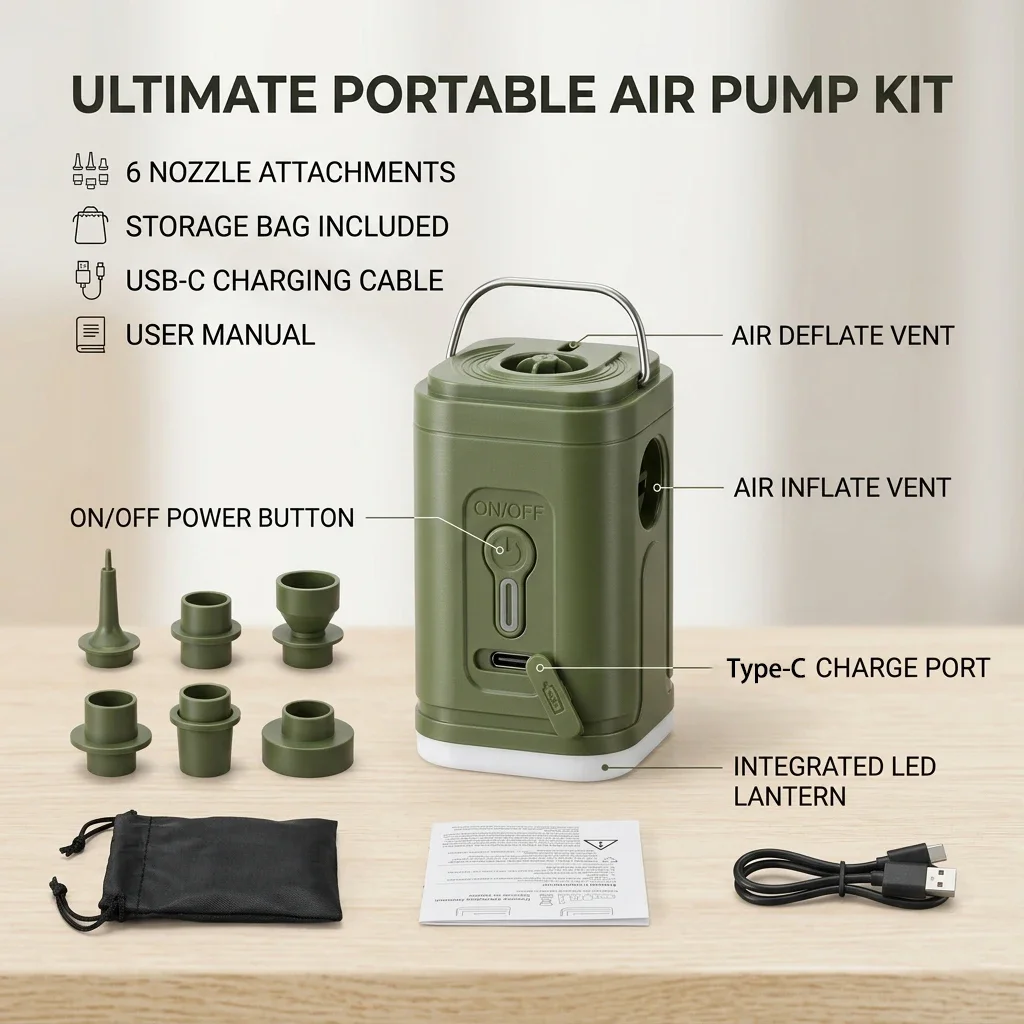 3-in-1 Air Pump Inflator Deflator Built-in Emergency LED Light Portable Wireless  Air Compressor For Camping Swimming Ring Tent
