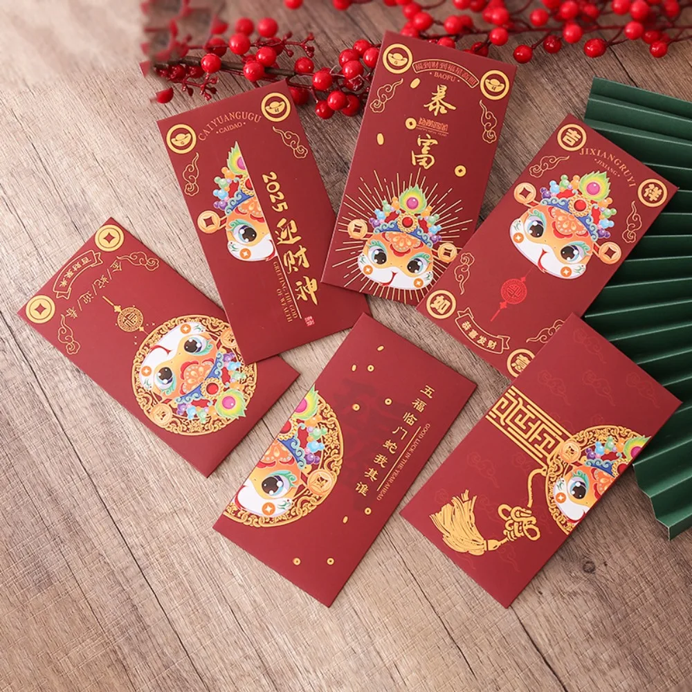 

6Pcs Solid Chinese New Year Red Envelope Blessings Printing Rectangular Lucky Money Bag Paper Mixed Pattern Red Packet