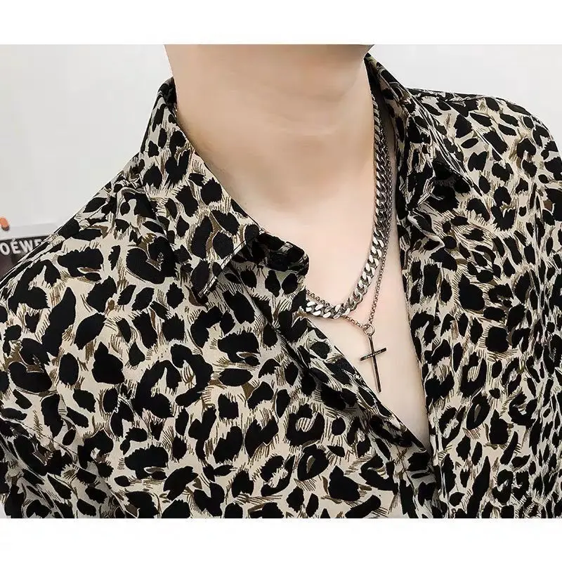 Spring Autumn New Fashion Turn-down Collar Long Sleeve Leopard Blouse Men\'s Clothing Printing Button Korean Trend Hip Hop Shirts