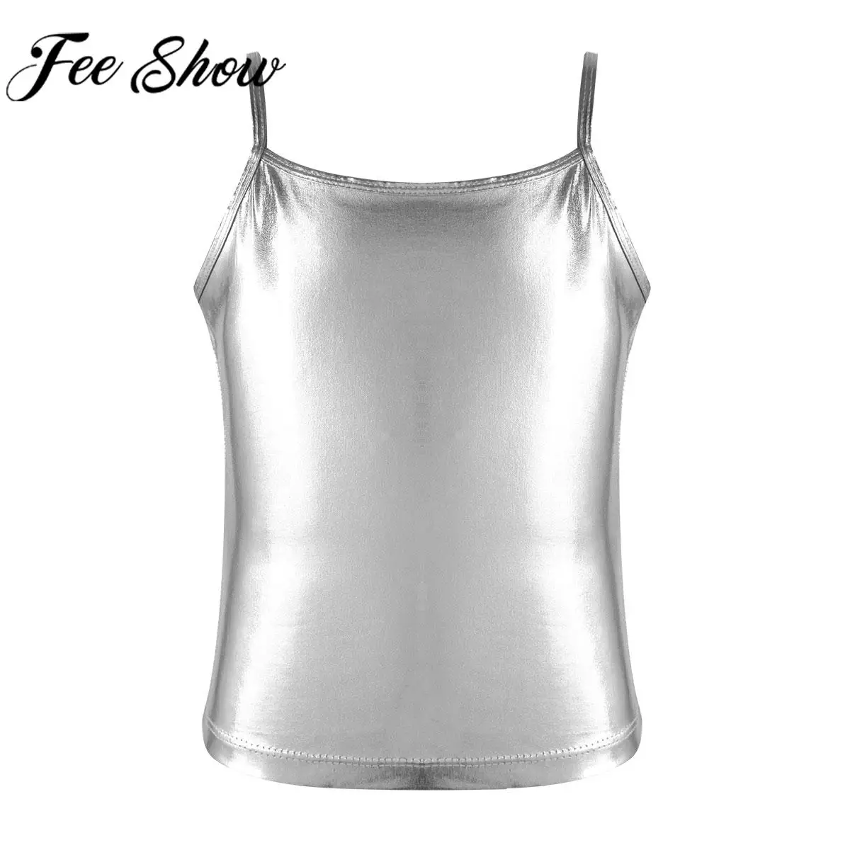 

Kids Girls Hip Hop Jazz Street Dance Vest Cheerleading Performance Costume Metallic Shiny Glossy Tank Tops for School Party Show