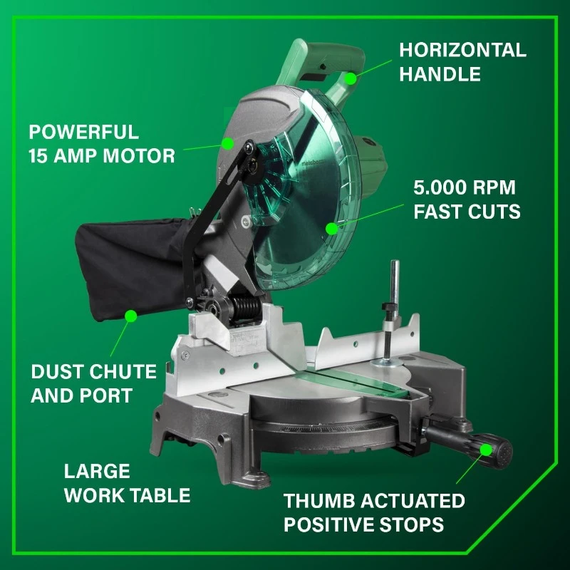 Serra de esquadria composta de 10 polegadas, serra elétrica de 15 A com mesa grande de 10 polegadas, ângulos de esquadria de precisão