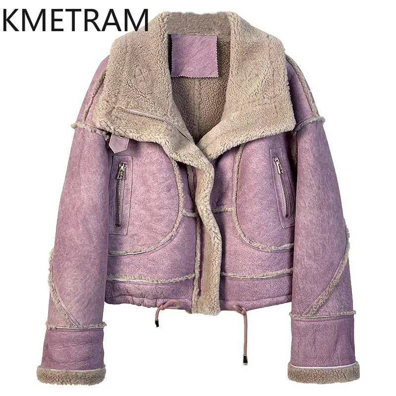 KMETRAM High Quality Sheep Shearling Real Fur Coat Woman Fashion Biker Crop Fur Jacket Warm Winter Clothes Woman Thicken Шуба
