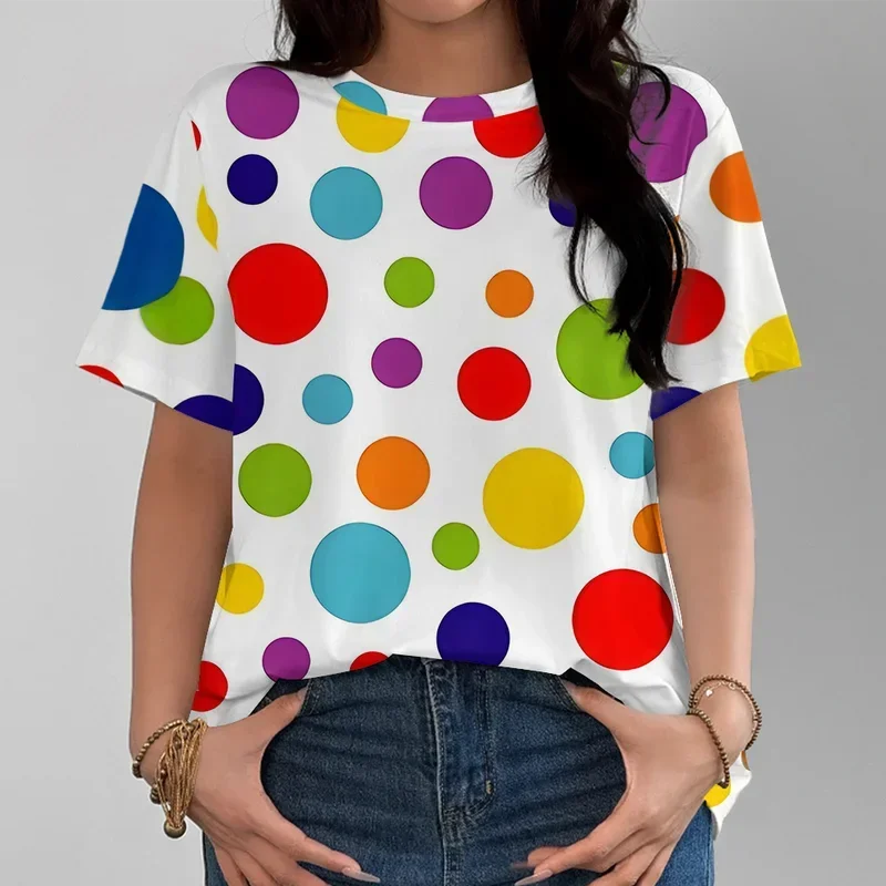 

Bold Colored Polka Dot Summer Women's T-shirt Casual Fashionable and Comfortable White Short Sleeve Streetwear Casual