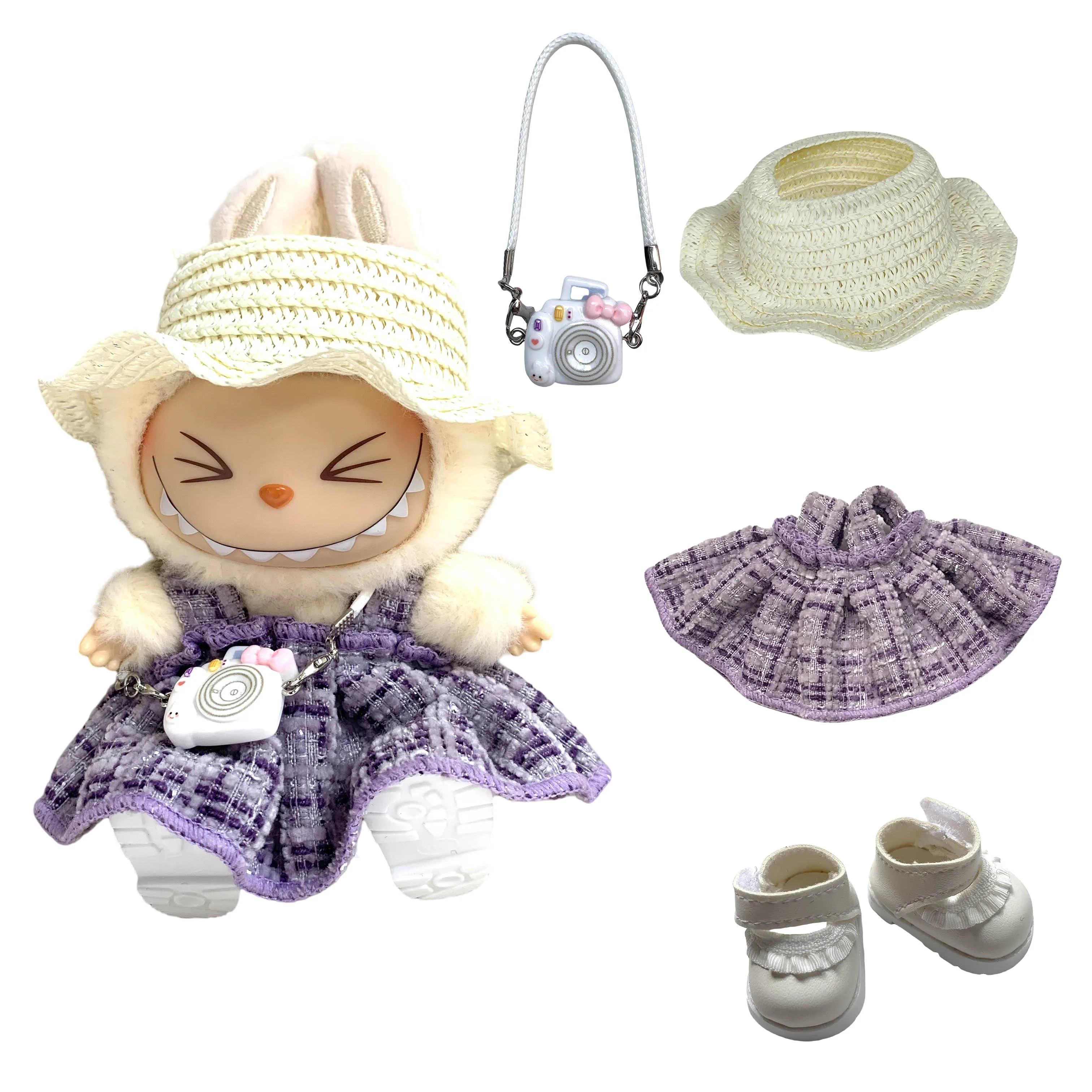 ل 17 سنتيمتر Labubu ملابس دمى مجموعة V1 V2 دمية الملابس والاكسسوارات الأرجواني بسيط عبق تنورة وقبعة الزي