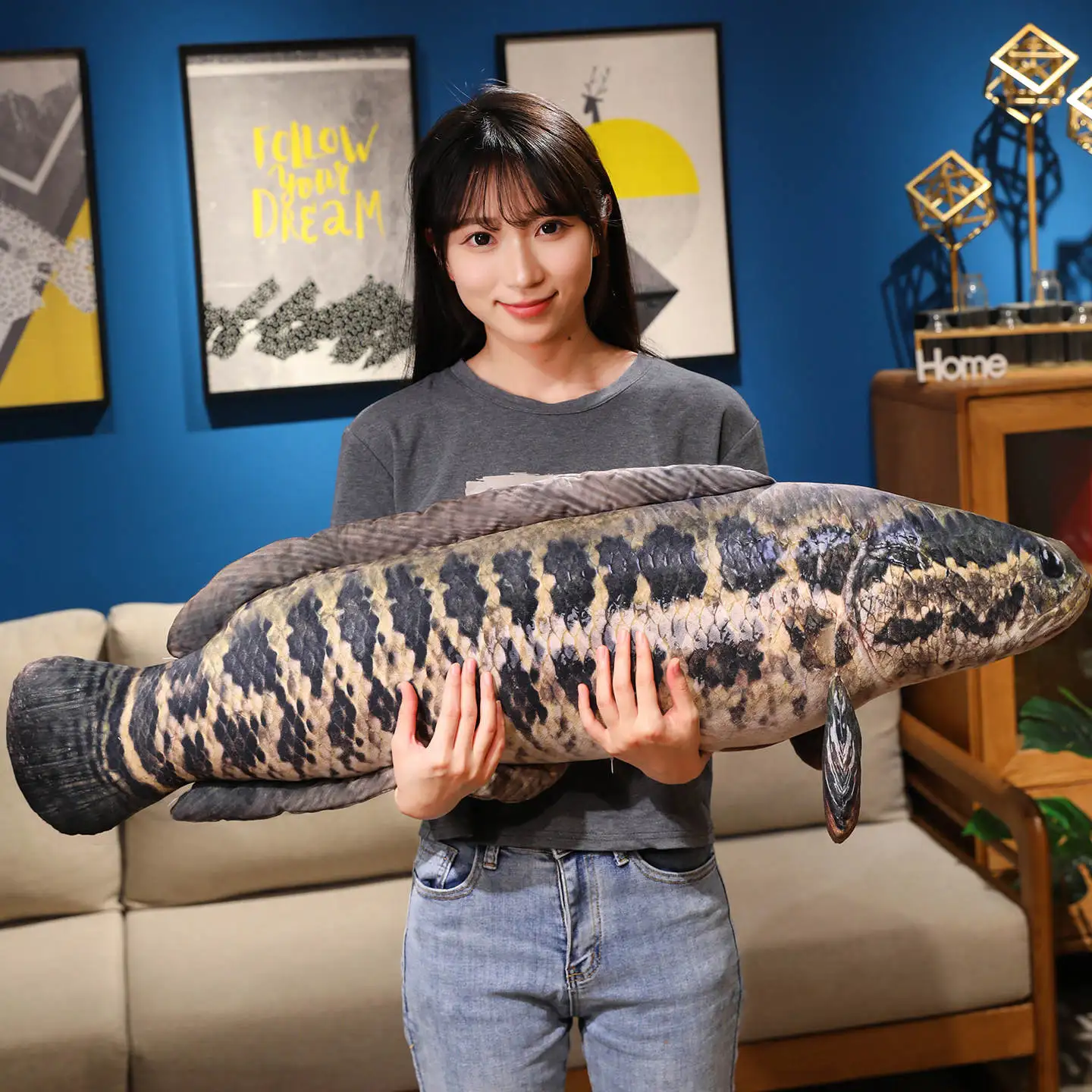 40-100 cm Gevulde Gesimuleerde Snakehead Schroef Groene Vis Yellowcheek Knuffel Gevuld Zacht Levensechte Vis Kussen voor Home Decor