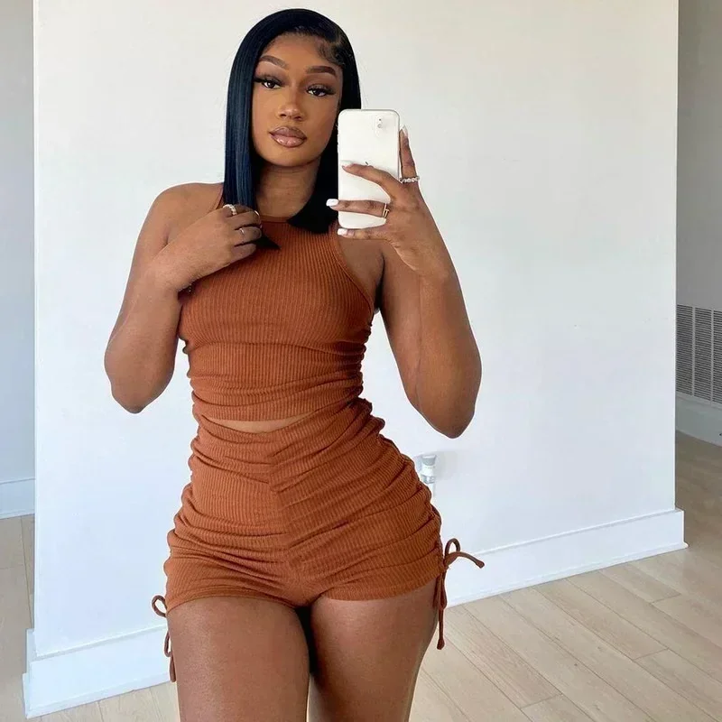 GUWU Fashion Knitted Ribbed Two 2piece Set Elegant Active Yoga Women's Set Sleeveless Tank and Ruched Shorts Tracksuit Outfit