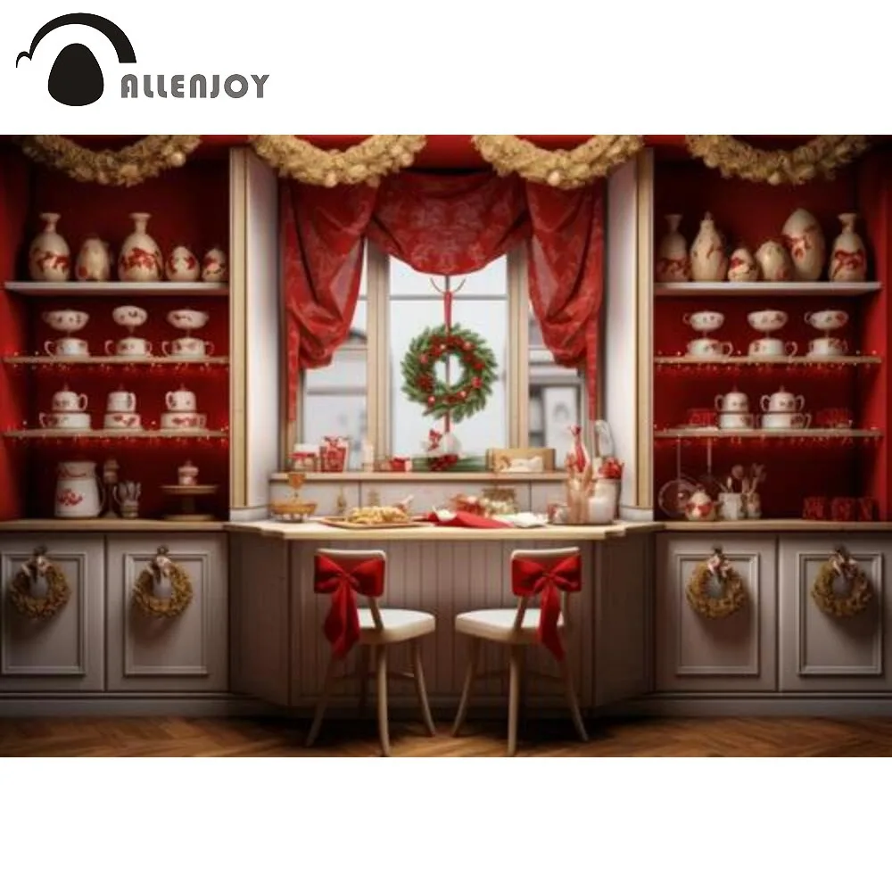 Allenjoy Christmas Kitchen Backdrop Realistic Xmas Decor Ornaments Photoshoot Background