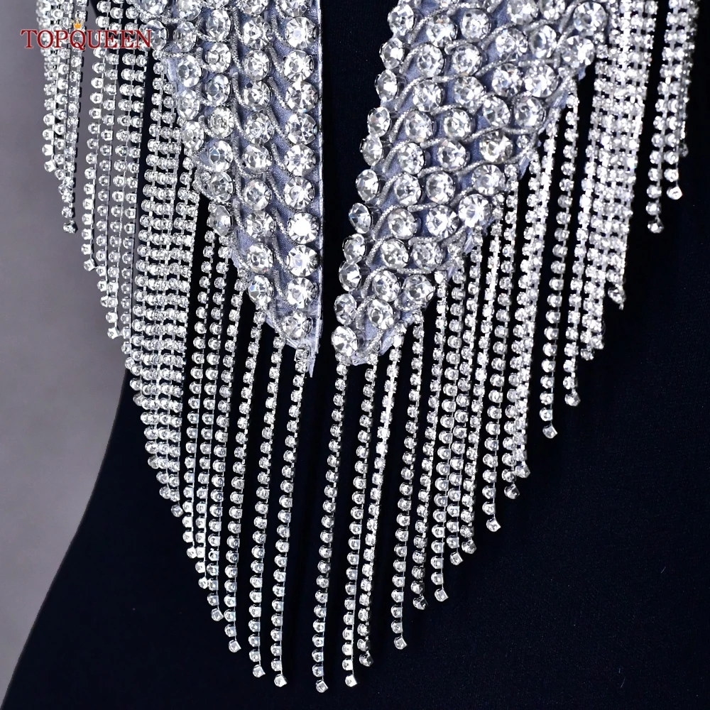 Topqueen New Crystal Tassel Wedding Collar Sewing Patch Rhinestone Tassel Applique Neckline For Clothing Decoration SP56