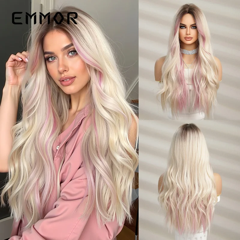 New for women, natural middle parting, gradient golden highlights with pink long curly hair, full wig