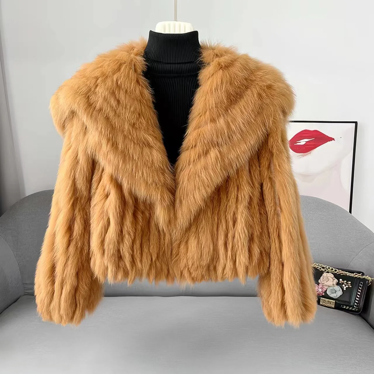 Cappotto corto in pelliccia di volpe per donna, colletto alla marinara, giacca con bottoni ricoperti, moda, lusso, nuovo, inverno