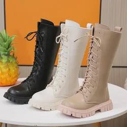 Bottes hautes en peluche pour fille et étudiant, chaussures à cartouche, plates, à la mode, noires, taille 27 à 37, hiver