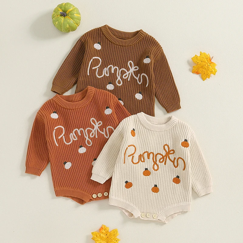 EWODOS Baby Girls Boys Sweater Rompers Halloween Clothes Pumpkin Letter Embroidery Long Sleeve Toddler Fall Bodysuits