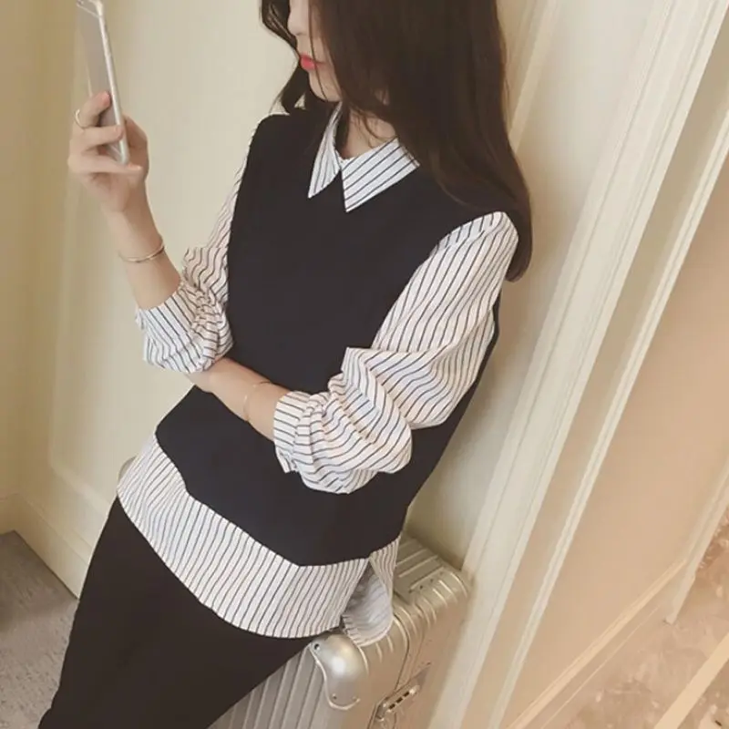 Women\'s Spring Striped Print Long Sleeve Fake Two Piece Collar Shirts Tops Female Autumn Fashion Tee Shirt