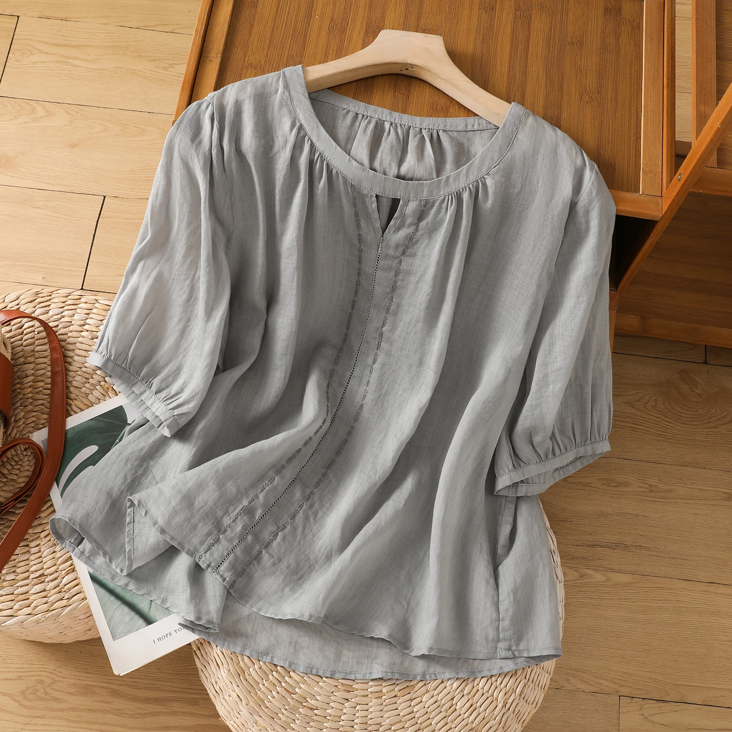 

Lightweight Cotton Linen round Ne Lantern Sve irt Women Summer Vintage Artistic Color Overhead Younging Top