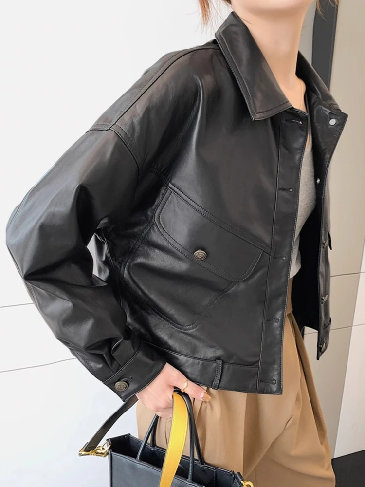 Casual Genuine Leather Cropped Jackets for Women Spring Autumn 2025 New High-end Simple Vintage Soft Real Sheepskin Coat
