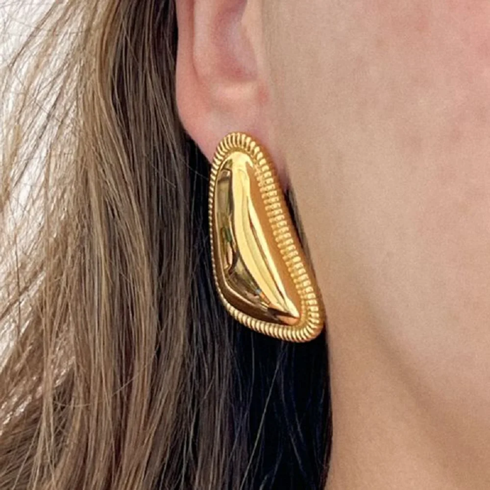Vintage Stainless Steel Trapezoid Square Wing Geometric Stud Earrings for Women 18k Gold Plated Striped Pleated Texture Jewelry