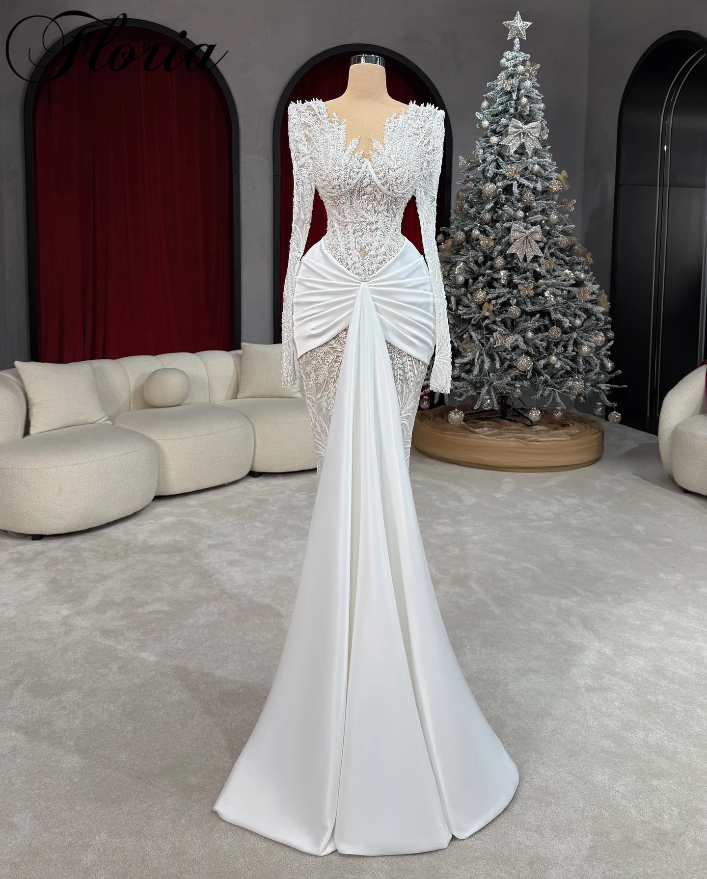 Weiße elegante Perlen-Abendkleider, Meerjungfrau, lange Ärmel, formelle Anlässe, Promi-Kleider, Robes de Soirée, individuell gestaltet