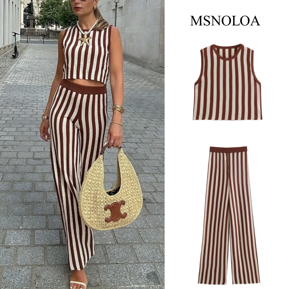 Elegant Knitted Striped Vest Pant Sets Women O-neck Sleeveless Crop Tops High Waist Pants Suit 2024 Summer Casual Lady Outfits 