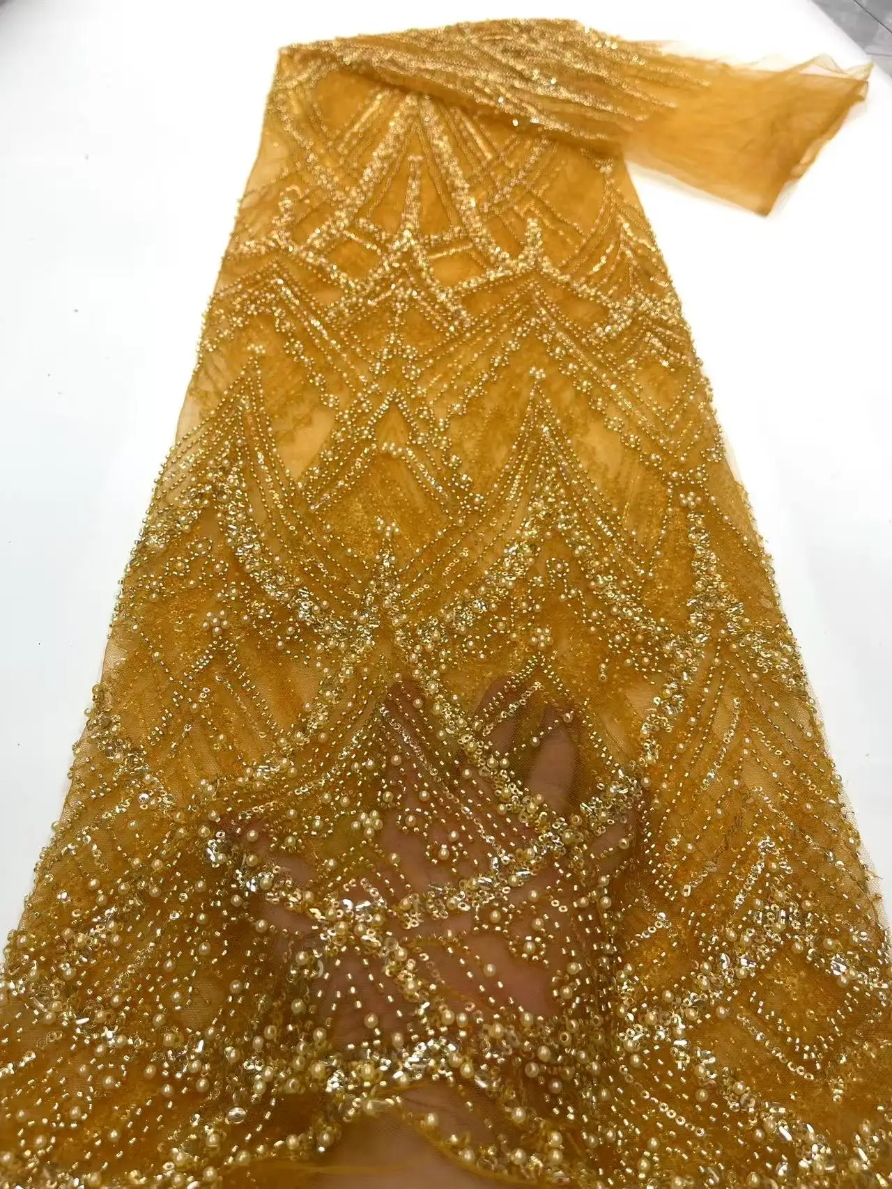 Tela de encaje de tul con cuentas de lujo africano 2025, tela de encaje de perlas de lentejuelas pesadas hecha a mano nigeriana para vestidos de novia FJ