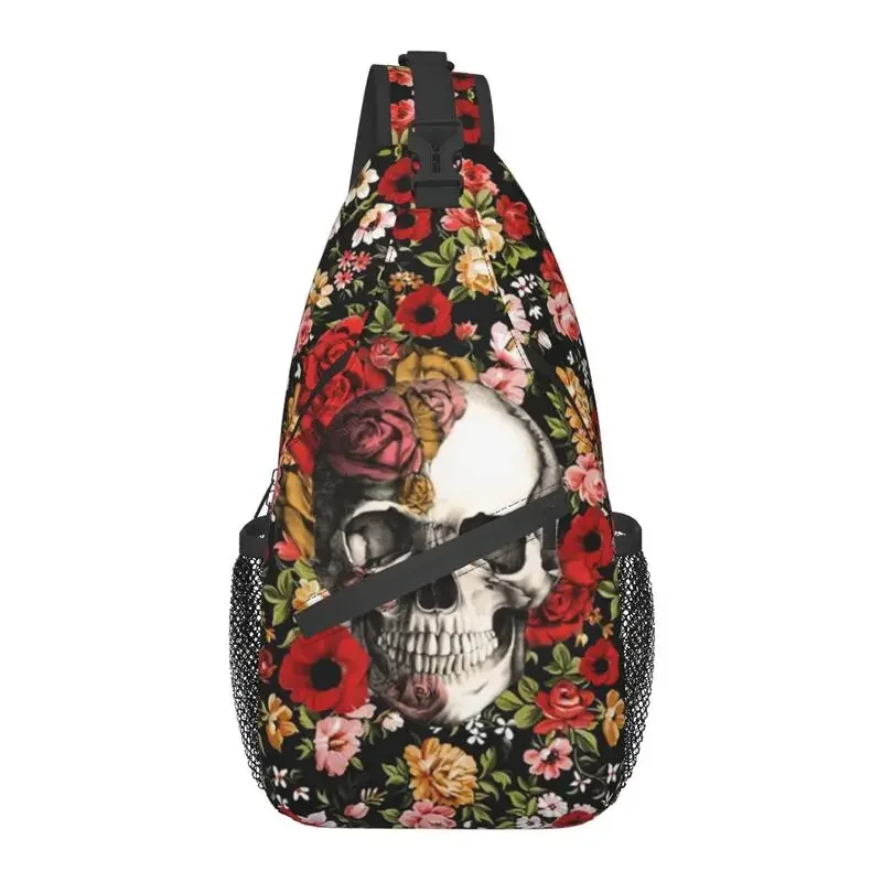 Bloom Floral Skull With Roses Daisies Sling Crossbody Chest Bag Men Fashion Sugar Skull Shoulder Backpack for Traveling