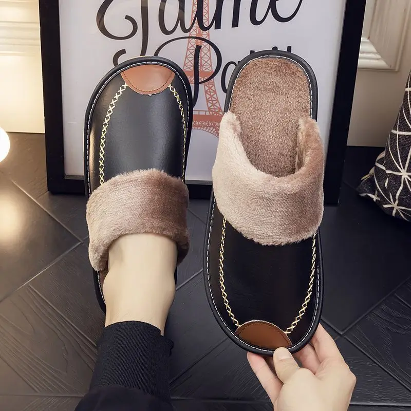 New Winter PU Leather Cotton Slippers Men Women Indoor Anti-Slip Warm Plush Flat Thick Sole House Fuzzy Bedroom Home Shoes