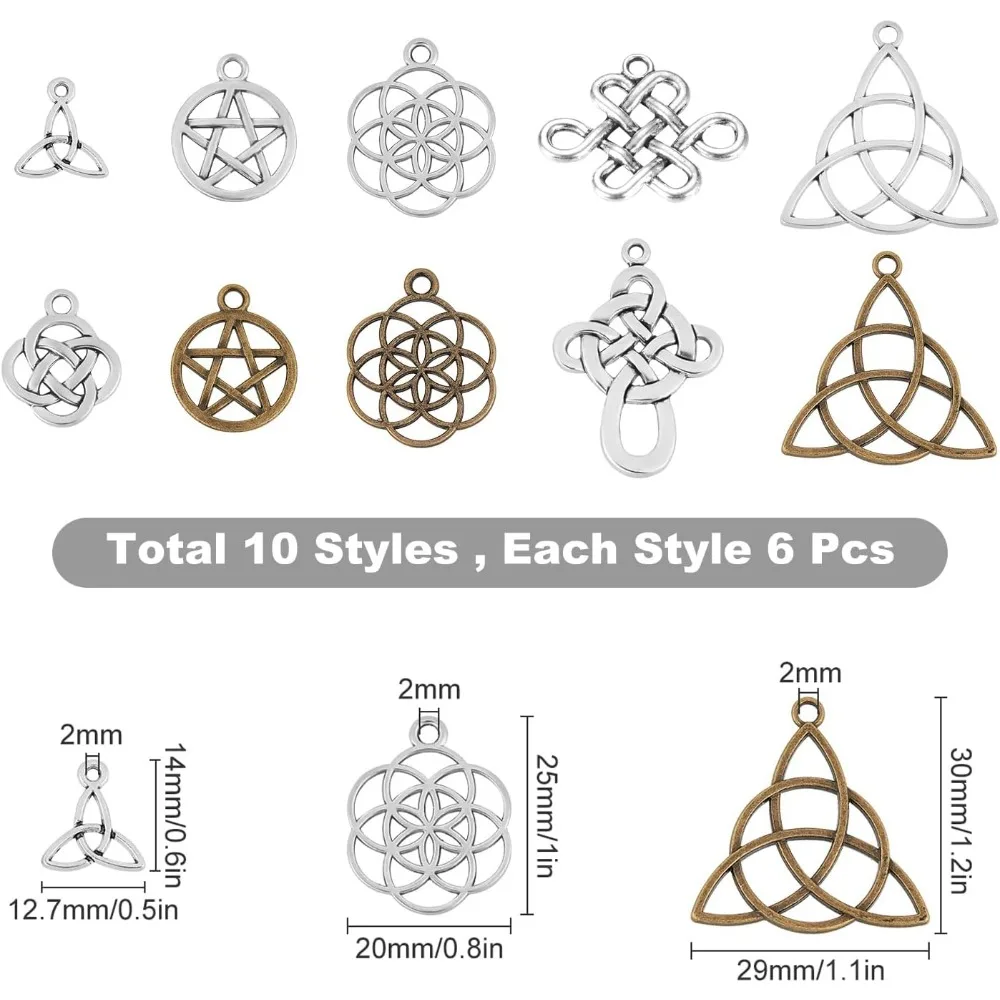 1 Box 60Pcs 10 Styles Celtic Knot Charms Pendants Pagan Chinese Trinity Knot Flower of Life Chakra Tibetan Style Alloy