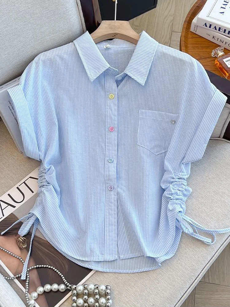 

Корейская милая полосатая рубашка, женская свободная винтажная блузка с коротким рукавом, повседневная летняя цветная рубашка на пуговицах, топы в консервативном стиле