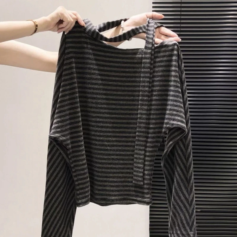 

Новые женские повседневные футболки с длинным рукавом и полосатой шнуровкой в корейском стиле, универсальные топы для весны и осени