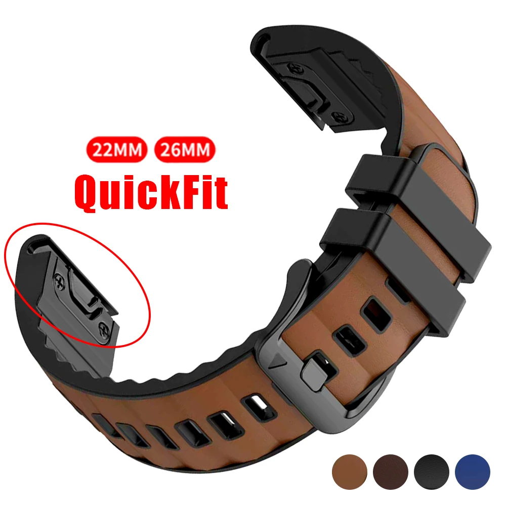 26mm 22mm Leather Silicone Bracelet For Garmin Tactix 7 Quatix 8 Fenix 8 Pro 47mm 51mm Band Enduro 3 Descent Mk3i QuickFit Strap