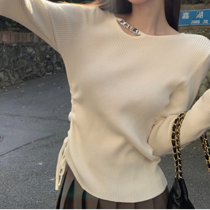 

Casual Loose Soft Minimalist Long Sleeve Drawstring Loose Pullover Knitting Sweater 2023 Autumn Y2k Sweaters