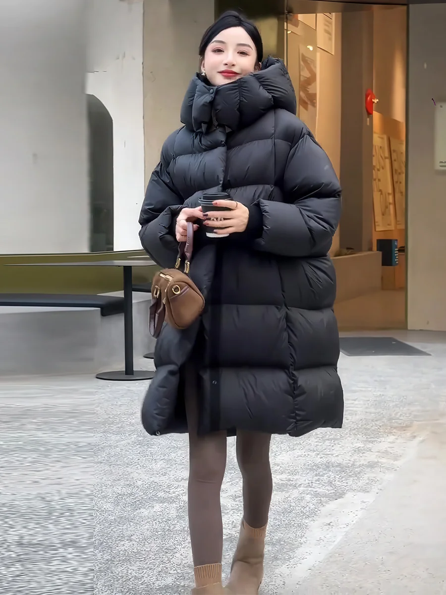 Abrigo acolchado de longitud media con capucha para mujer Jaet Bla Thiened invierno cálido suelto pan Sle abrigo Casual Sle blanco Du relleno de plumón