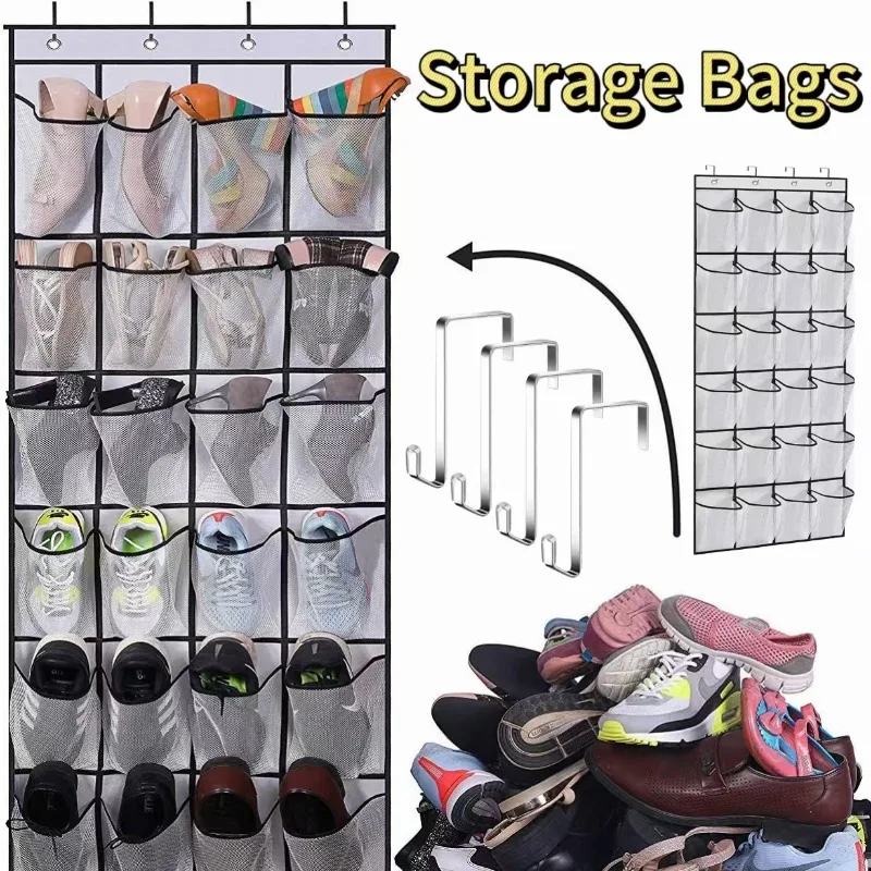 12/24Pockets Over The Door Rack Large Mesh Pockets Hanging Shoe Organizer for Closet Hanging Shoe Rack Holder Hanger Storage Bag