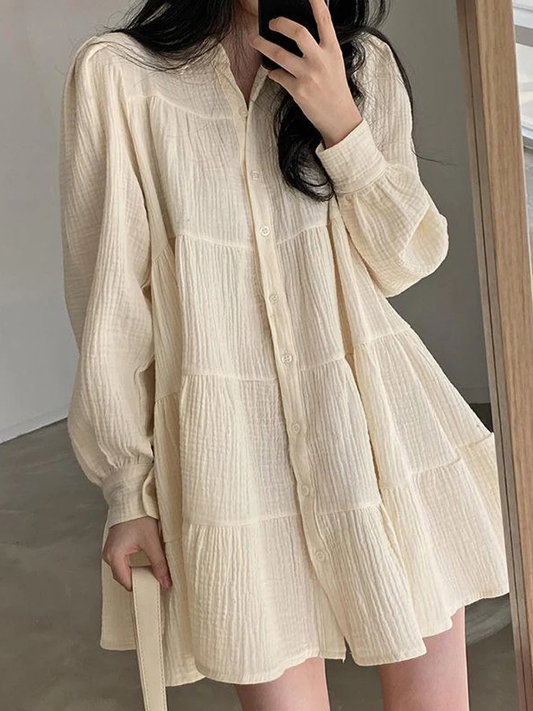 

Casual Long Sleeve Dress Women Ins Spring Lovely Solid A-Line Ruffles Korean Apricot Fashion Retro Turn-Down Collar Clothes