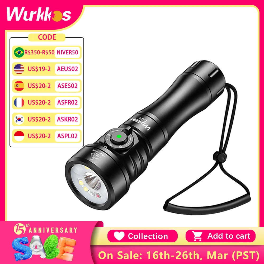 Wurkkos DL08 Powerful 3600lm Flashlight 21700 Rechargeable Diving Light with Rotary Magnetic Switch 6500K Underwater Torch IP68