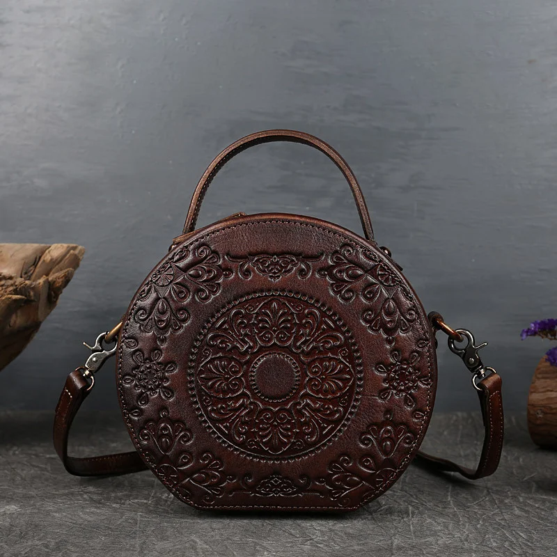 New Retro Circular Women Luxury Handbag Genuine Leather Shoulder Bag Ladies Crossbody Bags For Woman Totem Small Messenger Bag