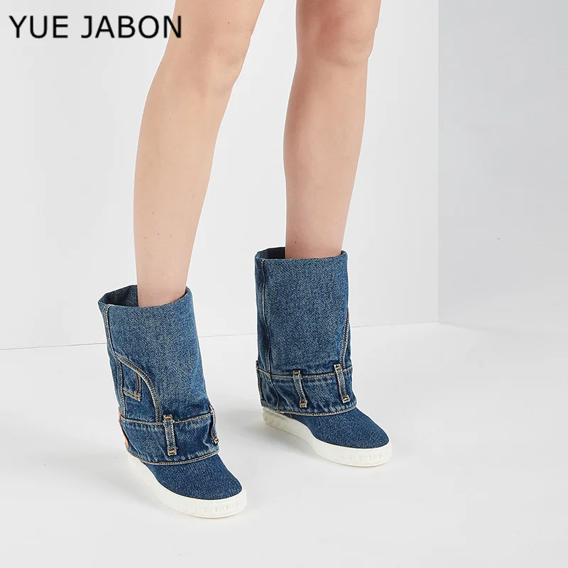 

Classic Woman Blue Denim Pocket Boots Roman Inner Height Increasing Cowboy Mid-calf boots Rim Chains Rubber Sole Platform Boots