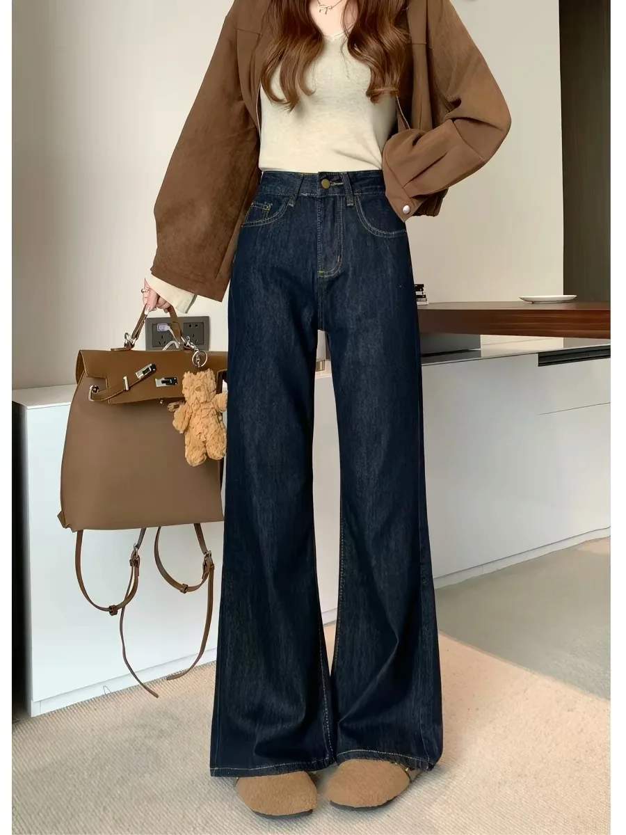 

Retro American Blue Denim Jeans High Waist Loose Straight Leg Floor-Length Pants Women's Spring New Sle Casual High Quali