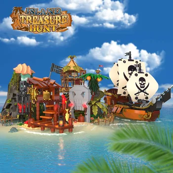 Creative city MOC Mini island adventure treasure building block DIY a pirate boat wild island bricks children toy gifts