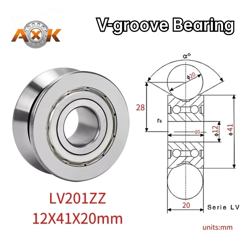 V-groove Rail Roller Series Bearing LV201 ZZ 2RS Inner Diameter 12mm Outer Diameter 41mm Height 20mm