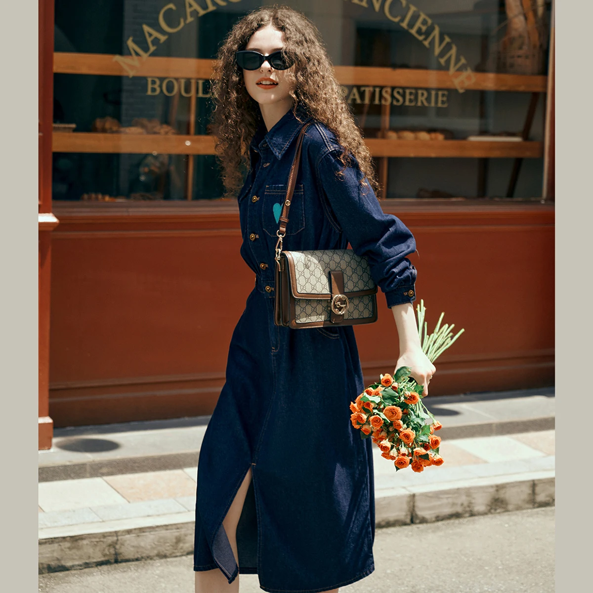 OLrain Francese Blu Denim Abito Lungo da Donna Inizio Autunno 2025 Vintage Ricamato Risvolto Camicia di Jeans Abiti da Donna O23QL85502