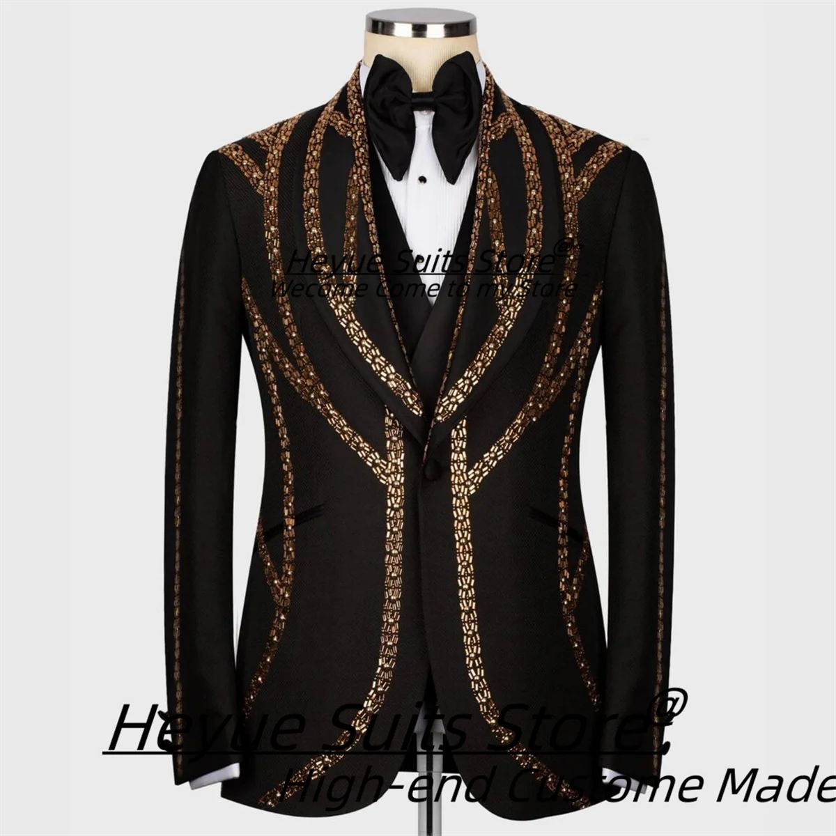 Shiny Jewelry Embroidered Suits For Men Customized Slim Shawl Lapel Groom Wedding Tuxedos3Pcs Sets Male Prom Blazers Ropa Hombre
