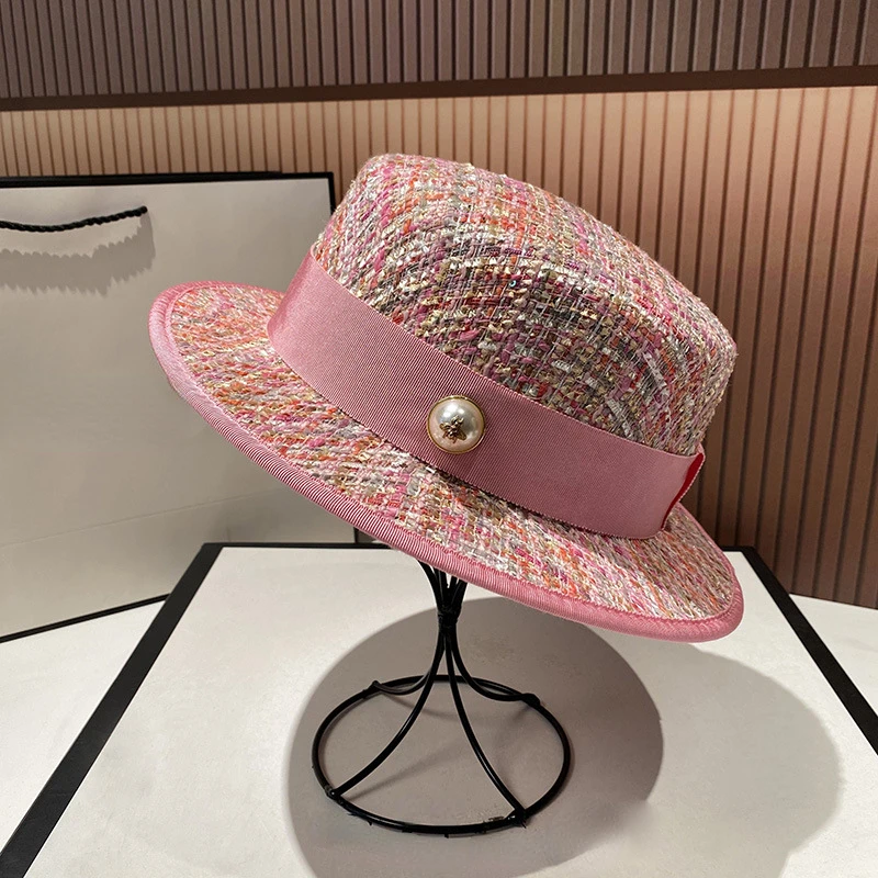 Sombrero plano de jacquard para mujer, sombrero de tweed rosa, estilo social europeo, Perla delicada y elegante, top de moda para fiesta