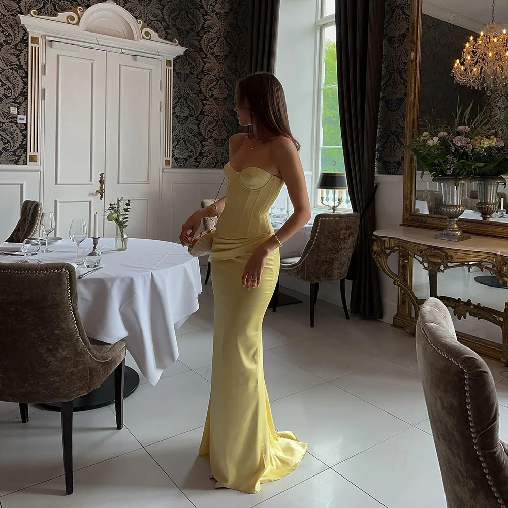 

EGS Yellow Satin Corset Prom Dresses 2026 Strapless Bodycon Women's Party Gown Mermaid Evening Dresses Gala Gown Customized