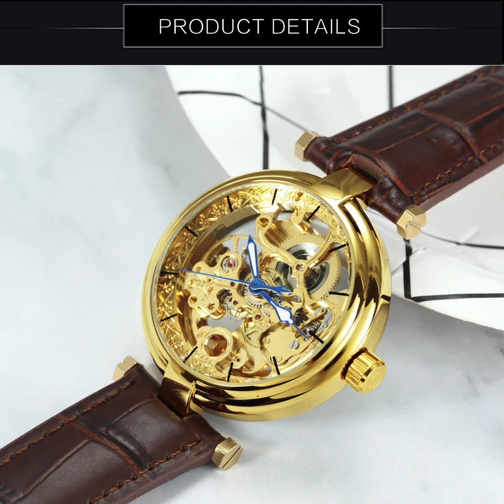 Forsining Fashion Luxury Skeleton Automatic Watch for Women Luminous Hands Elegant Gold Mechanical Ladies Watches Leather Strap